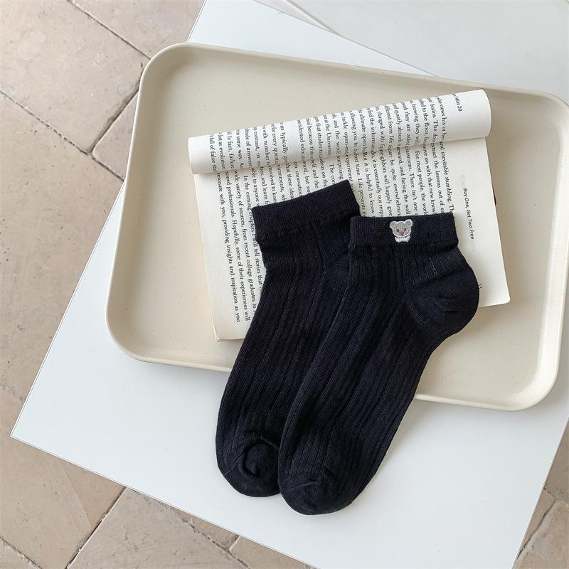 Cute Little Bear Embroidered White Sock Summer Lightweight Short Socks for Children, Breathable Mesh Summer Boat Socks