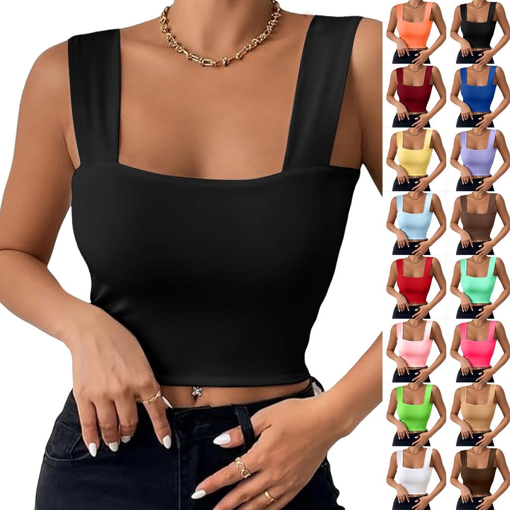 Basic Crop Tops for Women Square Collar Low Back Sleeveless Short Tank Top Solid Color Stretchy Bodycon Sexy Backless T Shirt