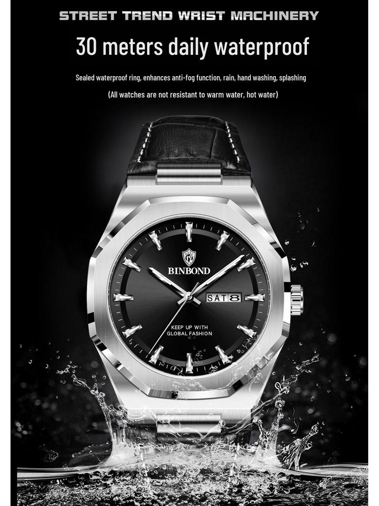 Binbang Men's Luminous Waterproof Quartz Watch with Calendar - Trendy Korean Style