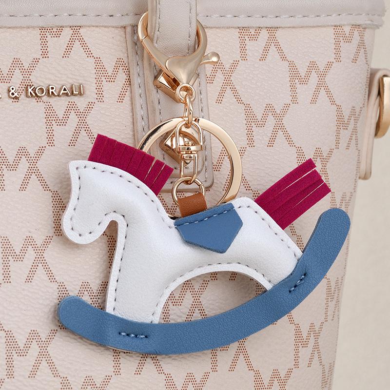 Children's Cartoon Rocking Horse Keychain - Handmade Wooden and Leather Pendant