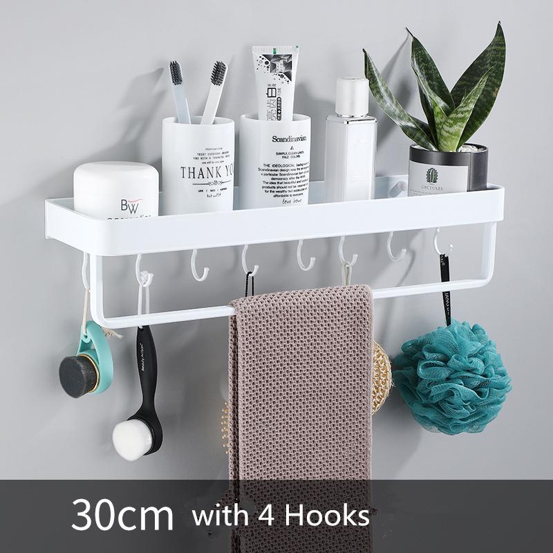 Étagère de salle de bain Étagère de douche avec barre porte-serviettes Blanc Étagère d'angle 30-50CM Fixation murale Aluminium noir Porte-rangement de cuisine