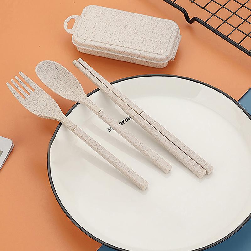 3-Piece Eco-Friendly Cutlery - Portable Dining Kit with Carrying Case- Wheat Straw Spoon/Fork/Chopsticks