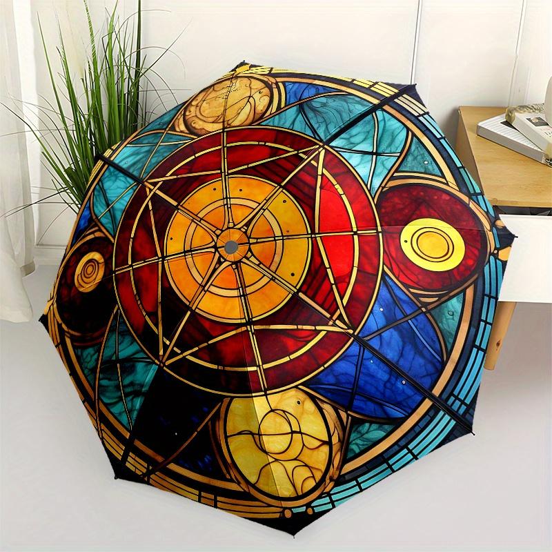 

Stained Glass Window Panel, Celestial Sphere Design Umbrella, Cute Umbrella with Cute Design, Portable 3-Fold Compact Umbrella for Men & Women, Valent