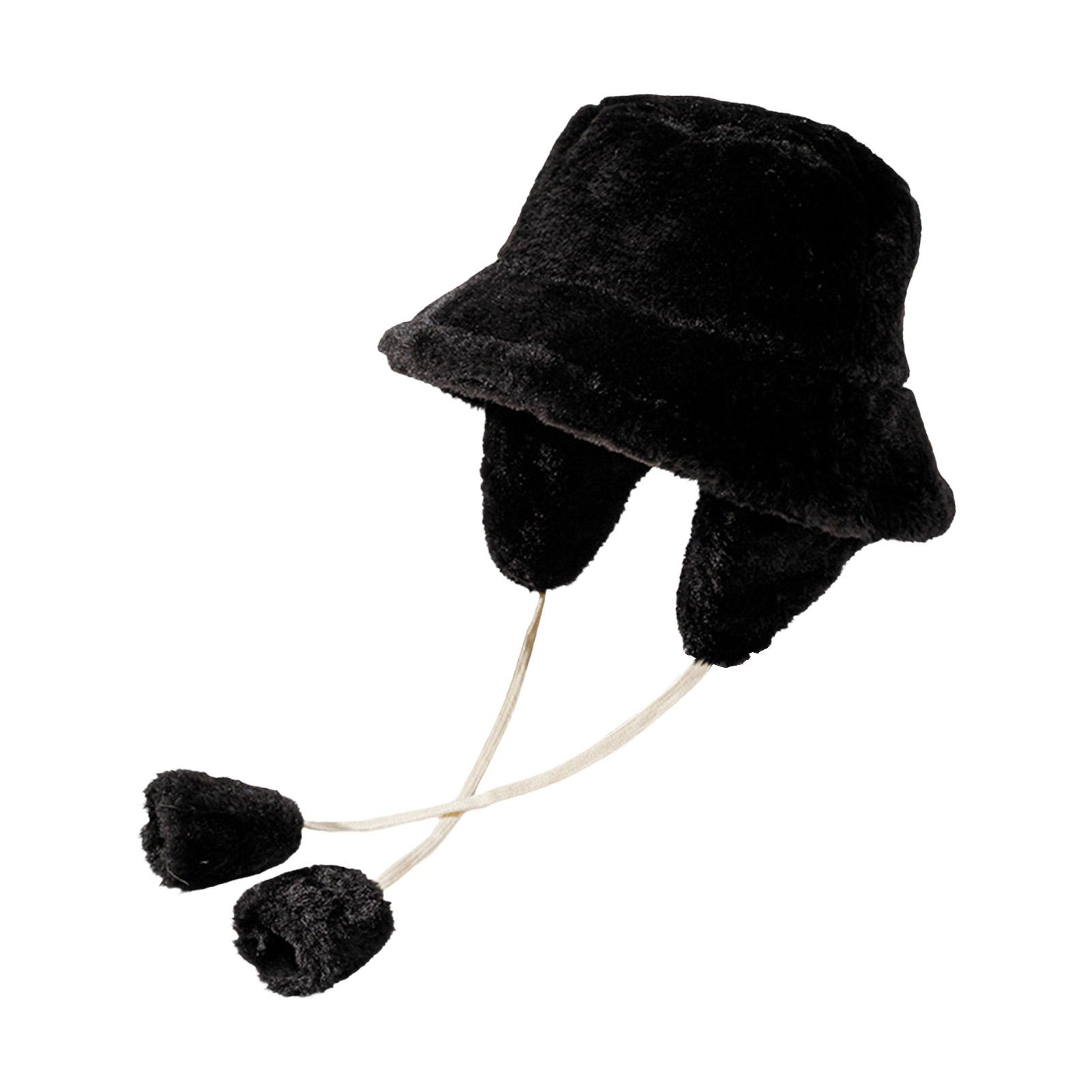 

Зимняя плюшевая шляпа-панама для женщин со съемными ушками, теплая флисовая шляпа-ведро, для холодной погоды, для улицы чёрный