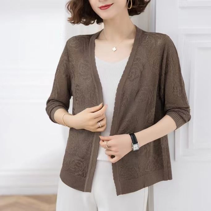 Middle Aged and Elderly Women's Long Knitted Cardigan with Summer Hollow Out Thin Design Paired with A Shawl and Air Conditioning Shirt