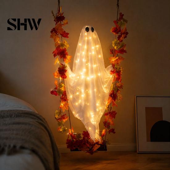 Geheimnisvolle Feiertagsfensterdekorationen Schwingender Geist Außen Dekoration, Große Halloween Hänge mit Ahornblatt Spukbaum Schmuck Ranken Lichter
