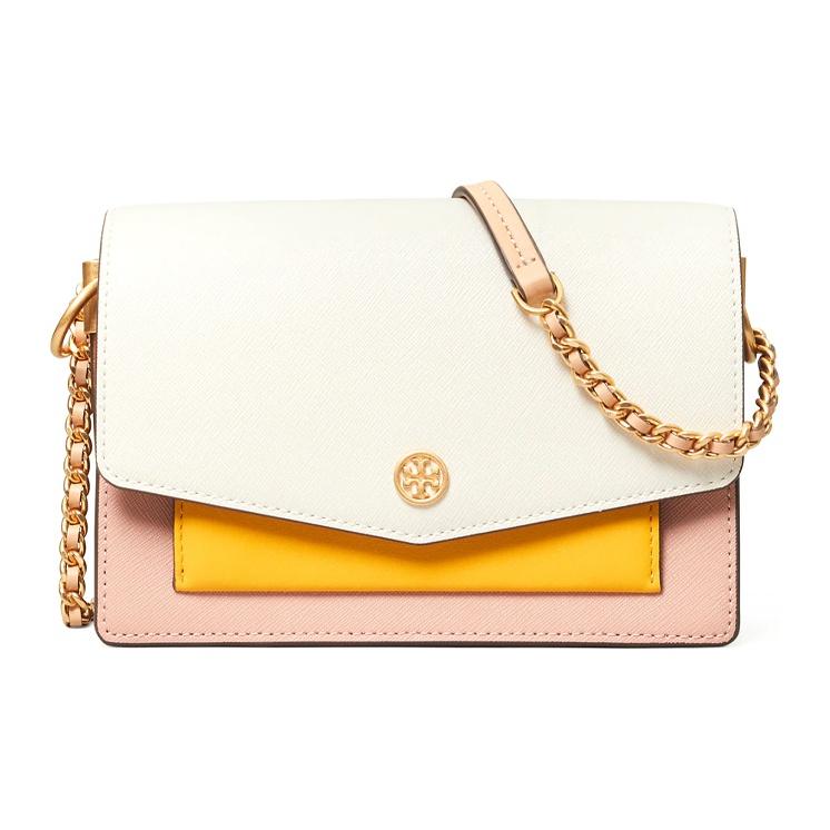 

Tory Burch Robinson Color Block Design Logo Leather Tote Crossbody Shoulder Bag Women Bags White Pink 77089-108 Basic Set (Bag+Dust Bag)