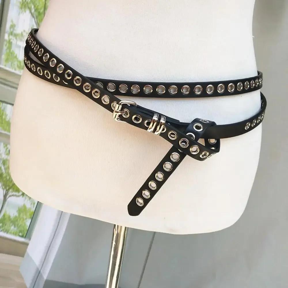 

Punk Double Loop Thin Belt Retro Double Layer Waist Chain with Rivet Eyelet Buckle Adjustable High Quality PU Leather one size чёрный