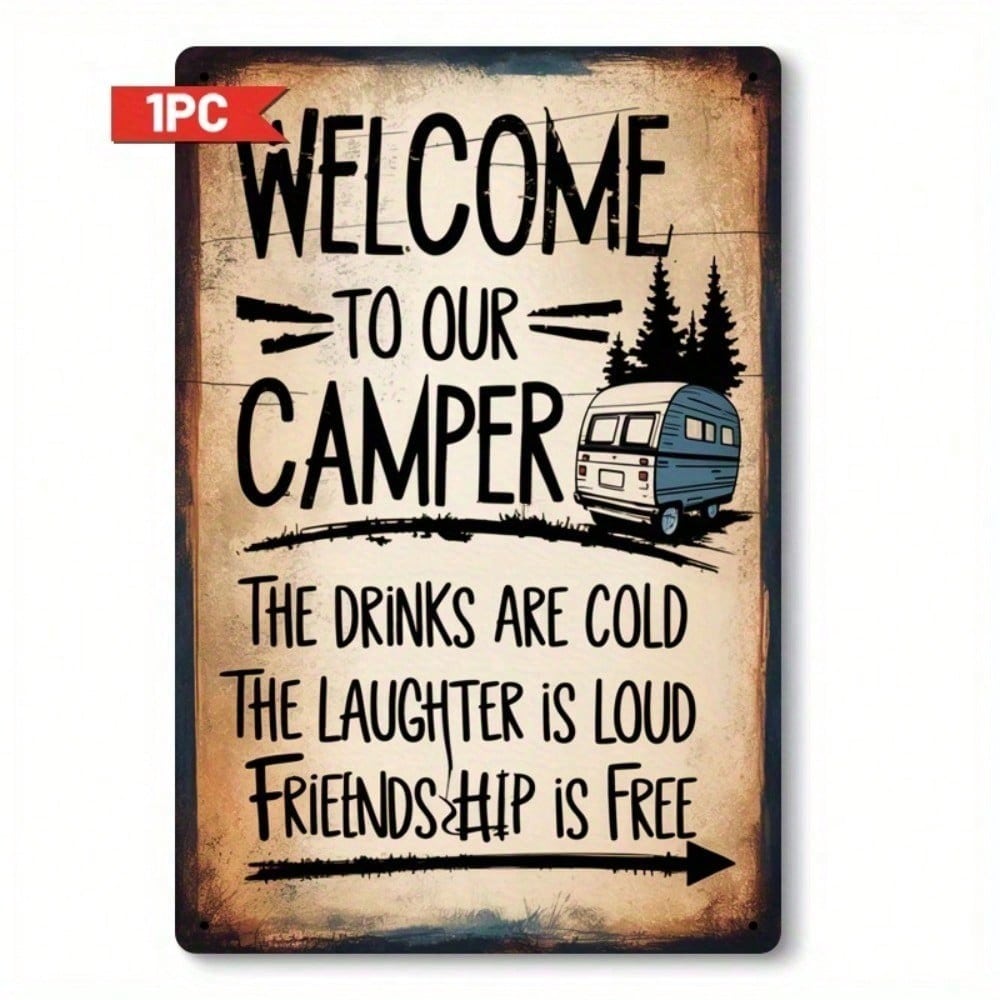 Vintage Camping Van Metal Sign Welcome To Our Camper Rustic Wall Decor Outdoor RV Summer 8x12 Inch