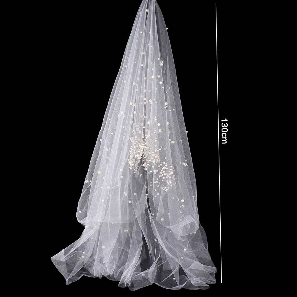 Pearls Long Wedding Veil 130cm Waist Length Drop Veil Exquisite Wedding veil  French Headdress