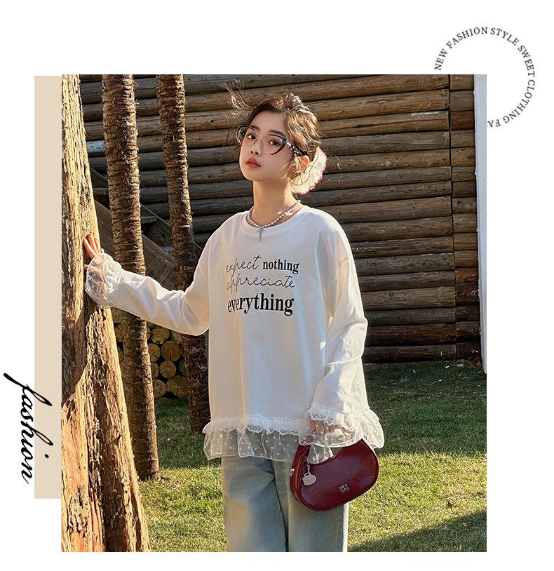 Plus Size Girls' White Lace Long Sleeve T-shirt for Spring & Autumn