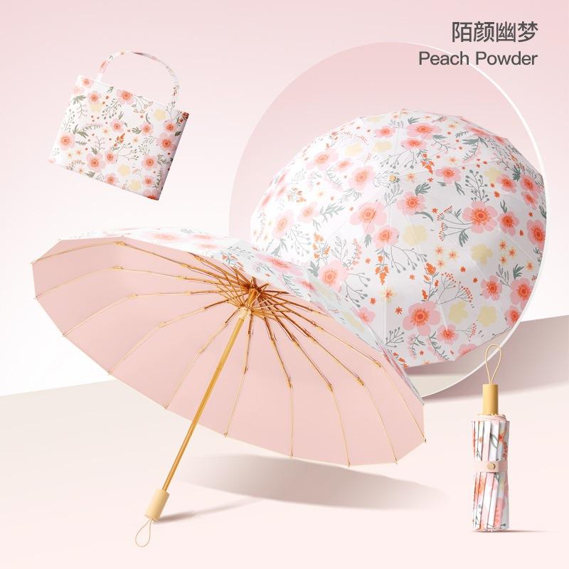 Spot three-fold retro color glue printed 16-bone parasol female weather and rain dual-purpose anti-ultraviolet folding sun umbrella