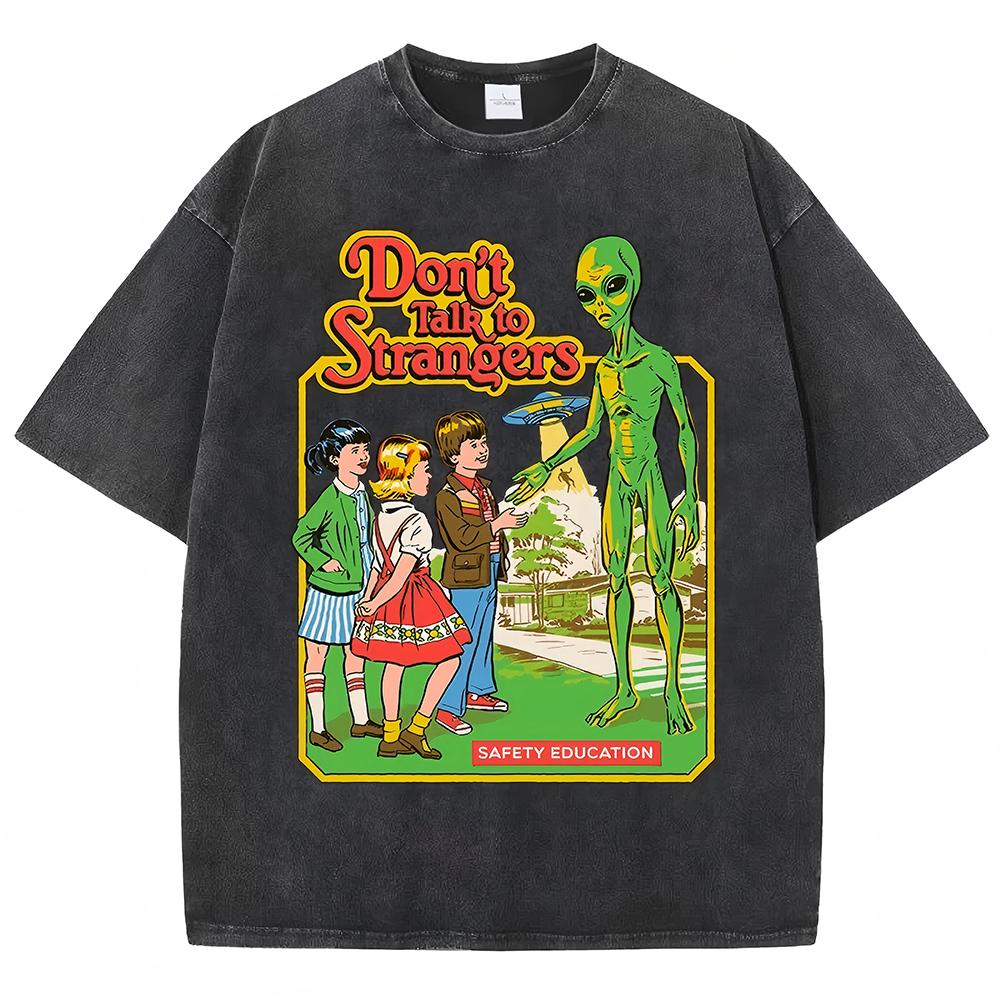 Cartoon Alien Classic Communication Print Neutral TShirt Breathable Cotton Short Sleeved Washed Retro WornOut WomenS TShirt S