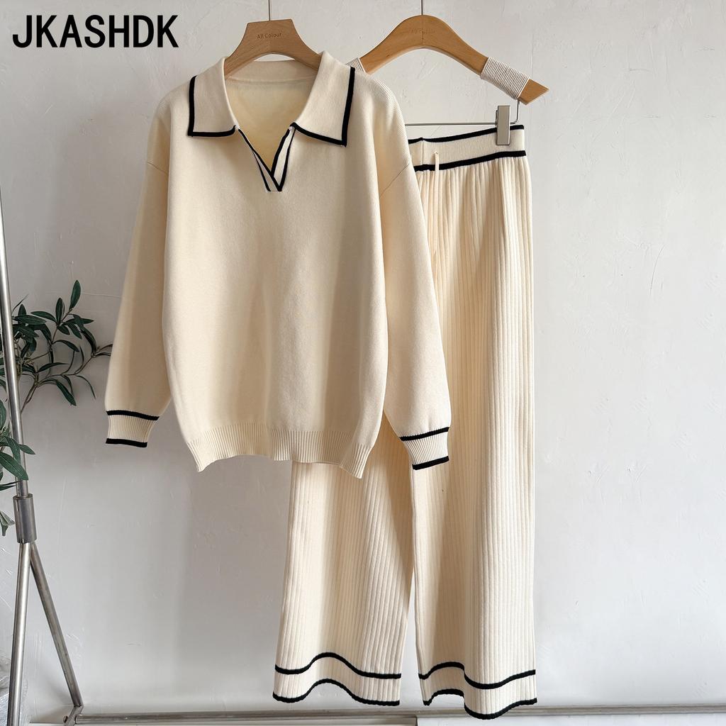 JKASHDK Dámská móda, ležérní, jaro, podzim, barevný blok, potisk, dlouhý rukáv, POLÓČNÍ výstřih, kalhoty, obleky