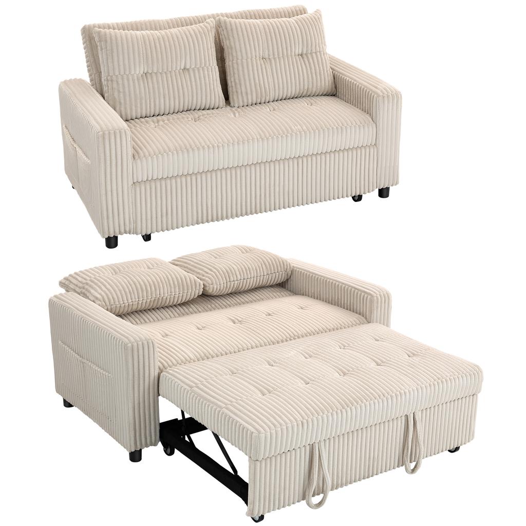 Convertible Sofa Bed, 2-Seater, Corduroy, 157 x 190 cm, Adjustable Backrest, 2 Cushions
