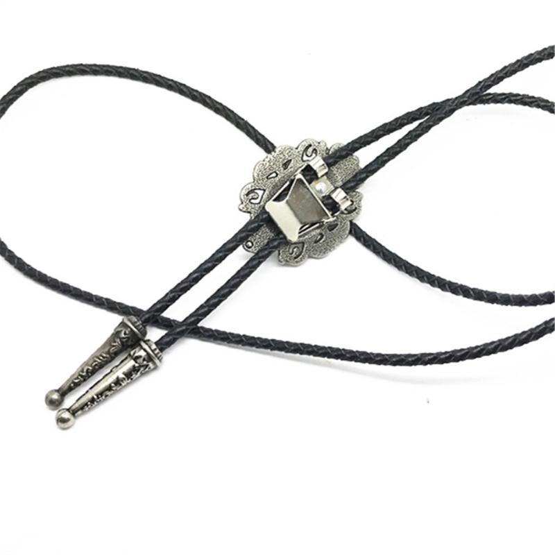 Mens American Bolo Tie Western Antique Crystal Cowboy Pendant Shirt Chain Collar Necktie Leather Rope Jewelry Necklace