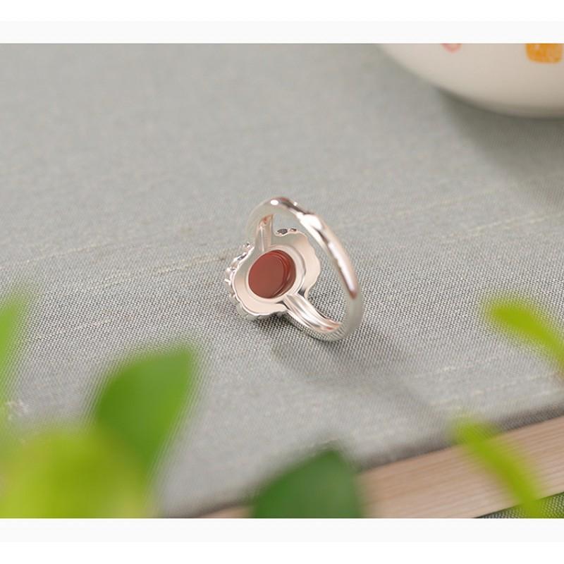 Adjustable Open Ring Women Men Vintage Floral Design Copper Jewelry With Red Agate Oval Cabochon