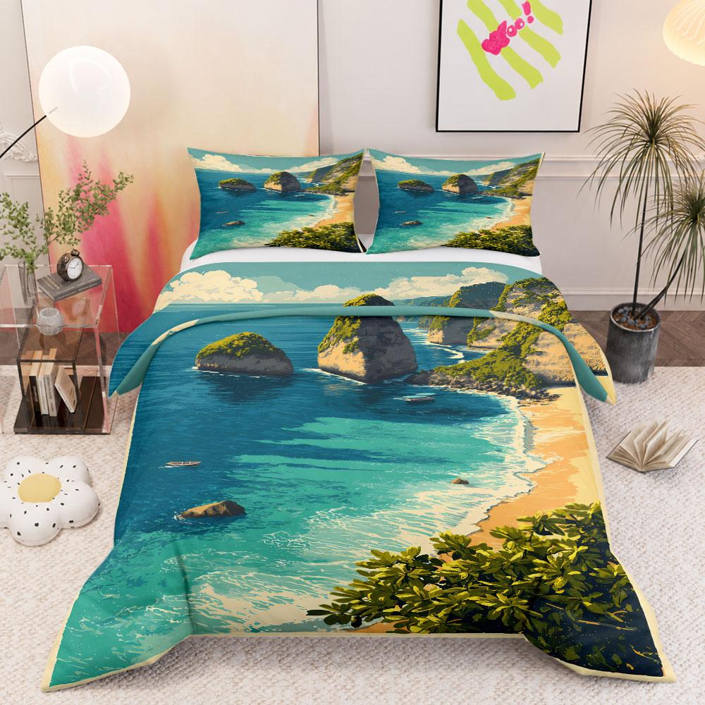 Vintage Tropical Coastal Beach Blue Duvet Cover with Pillowcases, Soft Touch Bedding Set for Cozy Sleep, Modern Duvet Cover with Button Closure