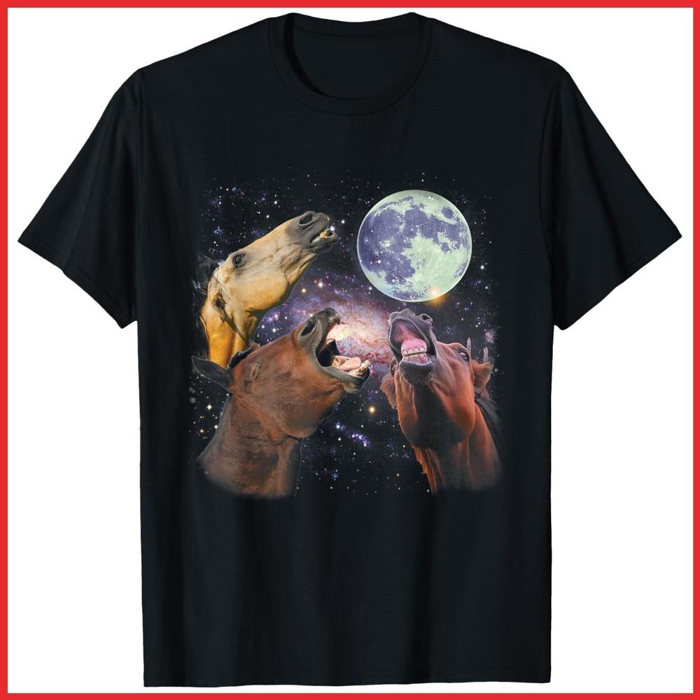 Three Horses Howling At The Moon Black Cotton T-Shirt Unisex T-Shirt L 1990₽