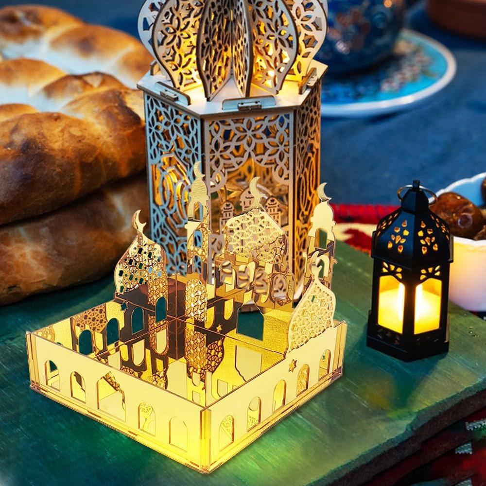 Ramadan Tray Eid Mubarak Serving Tray Hollow Palace Acrylic Mirror Tray Fruit Plate Tableware Dessert Platters DIY Display Holder Ramadan Decor