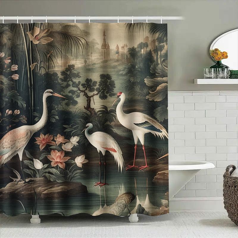 Exquisite Oriental Bird Bathing Curtains Vintage White Crane Print Shower Curtain for Bathroom Decoration
