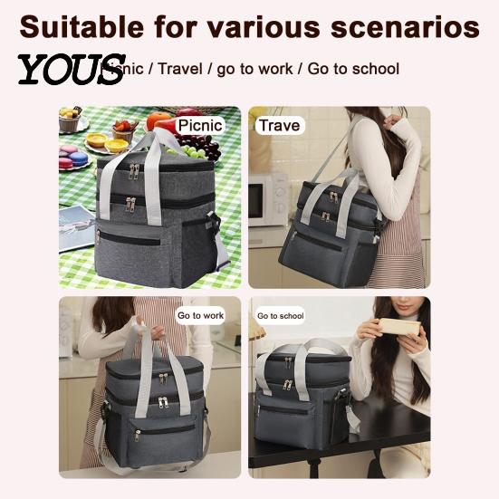 Large Capacity Lunch Cooler Insulated Double Deck Bag, Quilted Leakproof Thermal Tote, Bag for Soup Portable with Shoulder Strap Carrier
