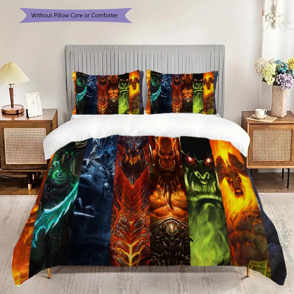 Fantasy Warriors Unite Azeroth Three-piece set (1 * duvet cover + 2 * pillowcase, without core) 2D Flat Christmas birthday gift Soft and comfortable
