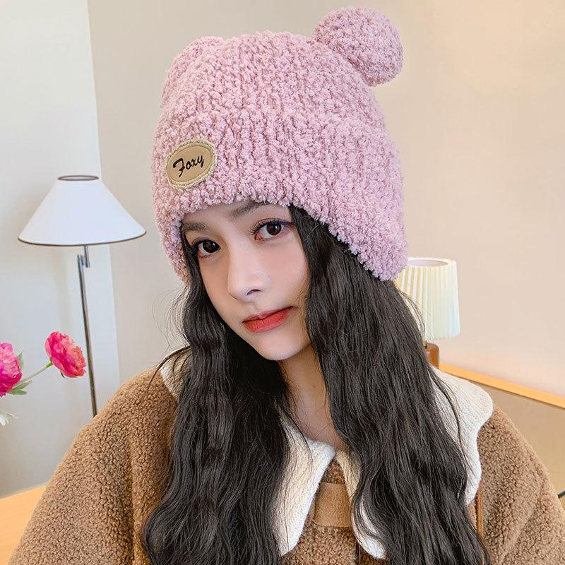 Cartoon bear plush thread warm hat women winter pullover ear protector knitted hat trendy face small cycling hat