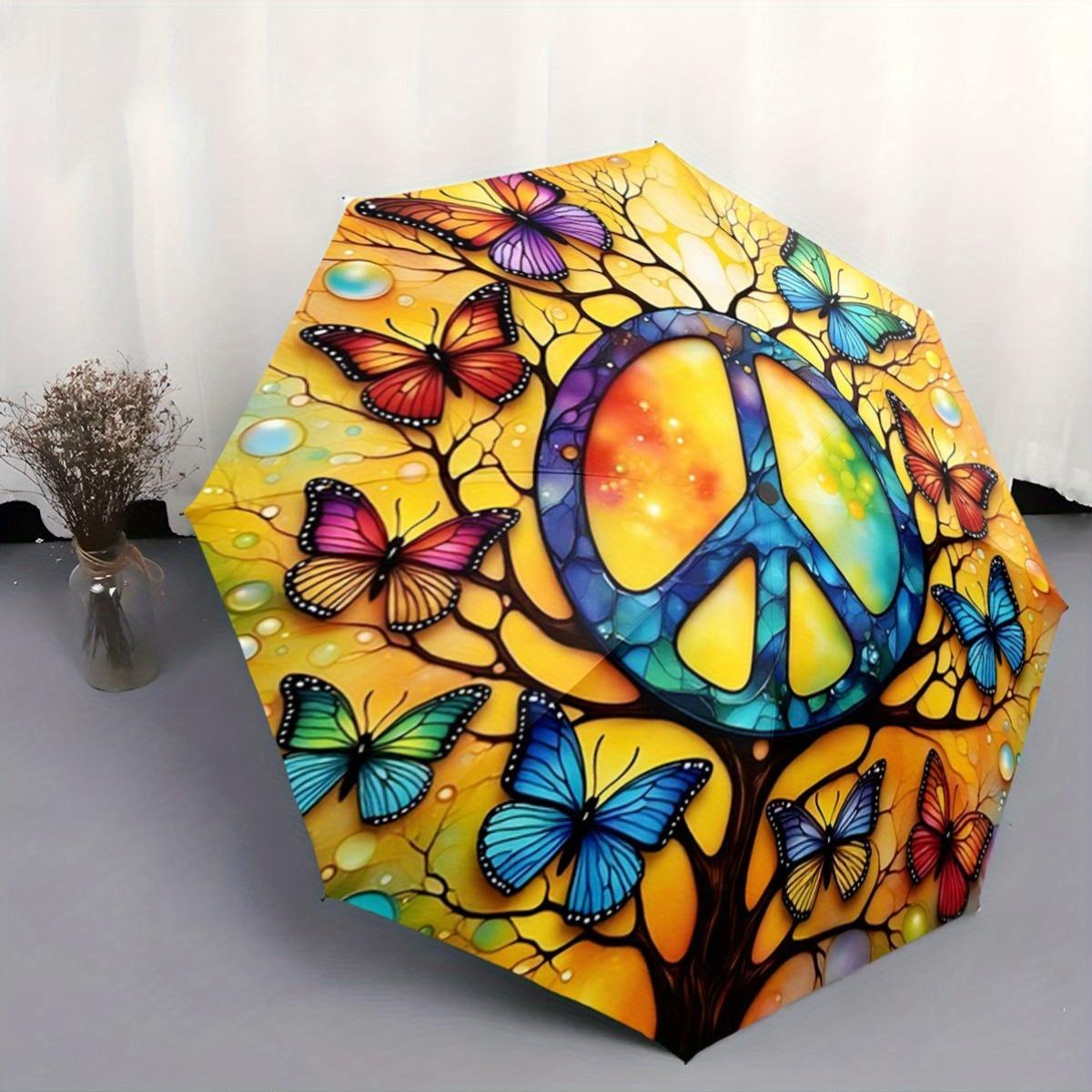 

Automatic Open/Close Umbrella with Peace Symbol & Butterflies - Large Compact Folding Umbrella, Windproof 8-Rib Shaft, One-Tou Iron&8K
