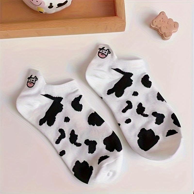 5 Pairs Women's Cartoon Cow Print Non-Slip Ankle Socks, Black/White Color, Airy Cozy, Gentle Low-Cut Socks, Casual Style