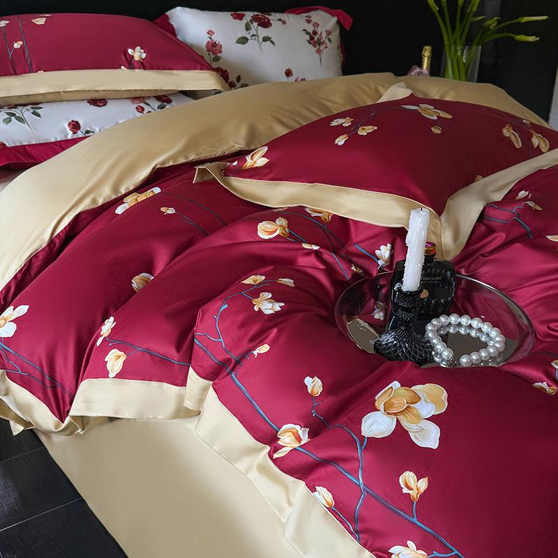 100-Piece Light Luxury Long-Staple Cotton Reactive Print 4-Piece Bedding Set with Wide-Edge Bed Sheet & Duvet Cover