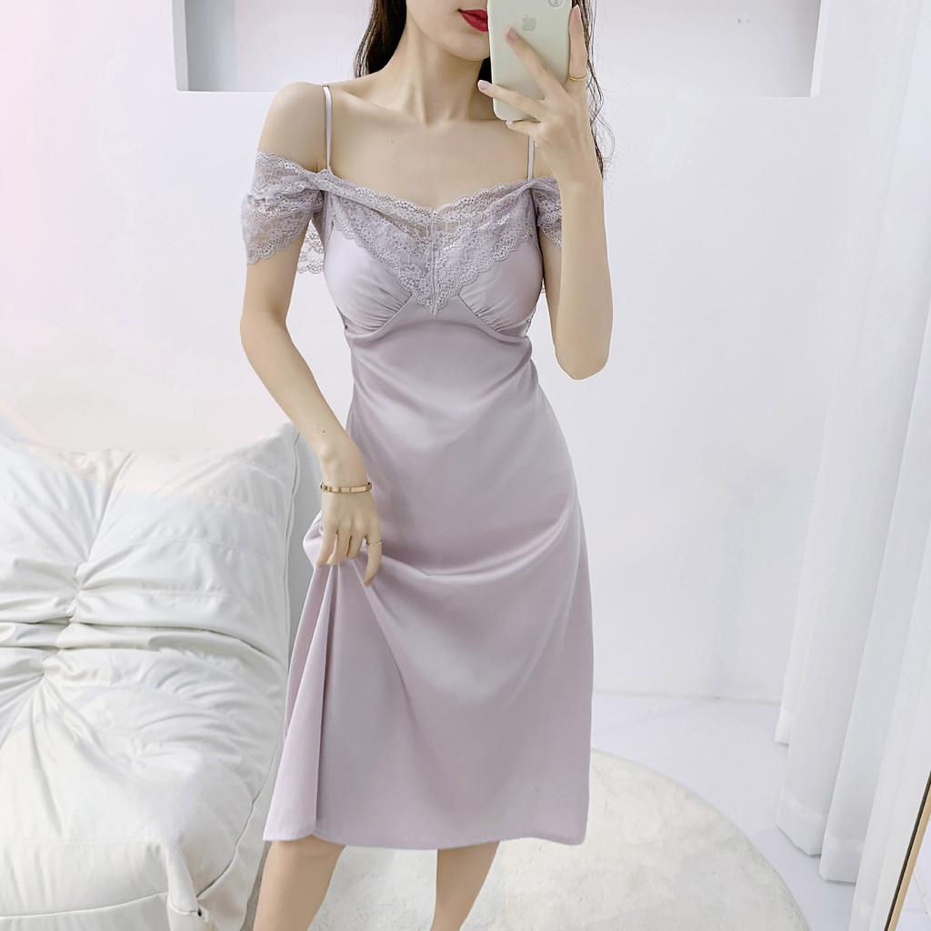 Summer Ice Silk Nightgown Womens Sleeveless Long Dress With Prints For Home Use