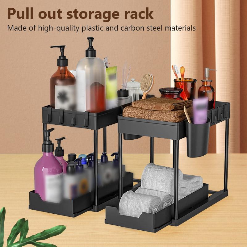 Kitchen Shelf Pull Out Organiser Sliding Cabinet Basket Organizer with Hooks 2 Tier Multi-Functional Bathroom Storage Shelf
