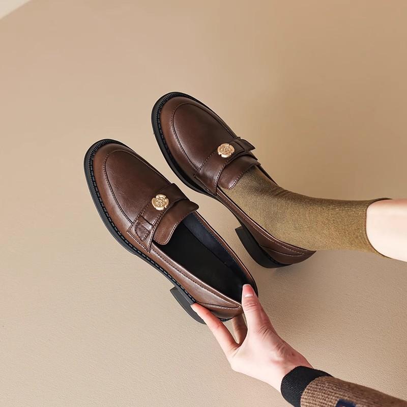 Ruodan, Left Bank Paris~! Bold Heel British Gold Buckle Loafers Women'S Small Leather Shoes Patent Leather Black Single Shoes