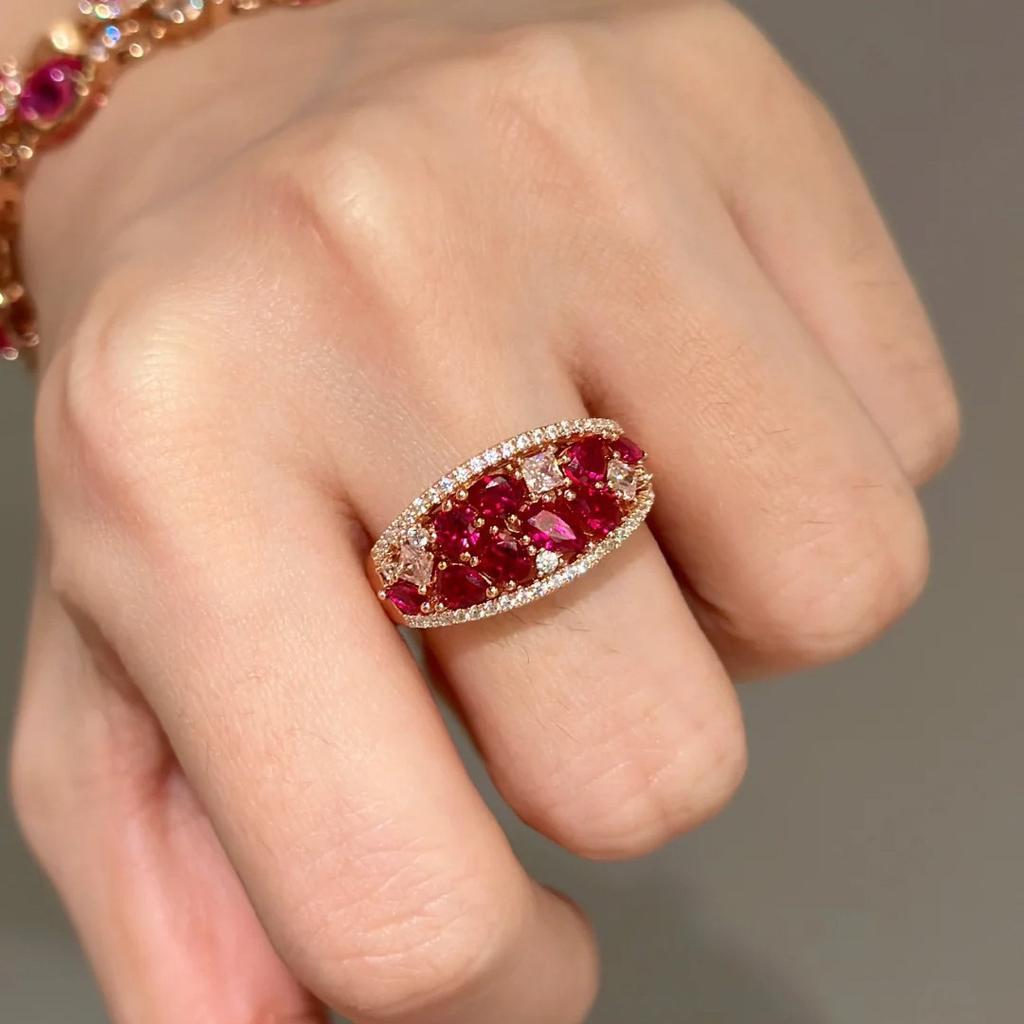 Seiko Red Corundum Ring Women'S Light Luxury Bubble Pomegranate Row Diamond Living Ring