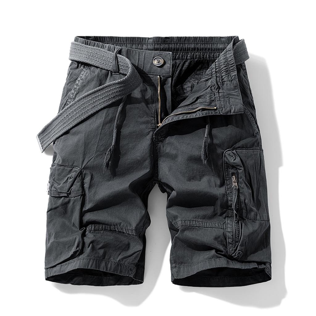 Men's Solid Color Work Pants, Cotton Five Quarter Pants, Retro Washed Multi Pocket Straight Leg Work Pants