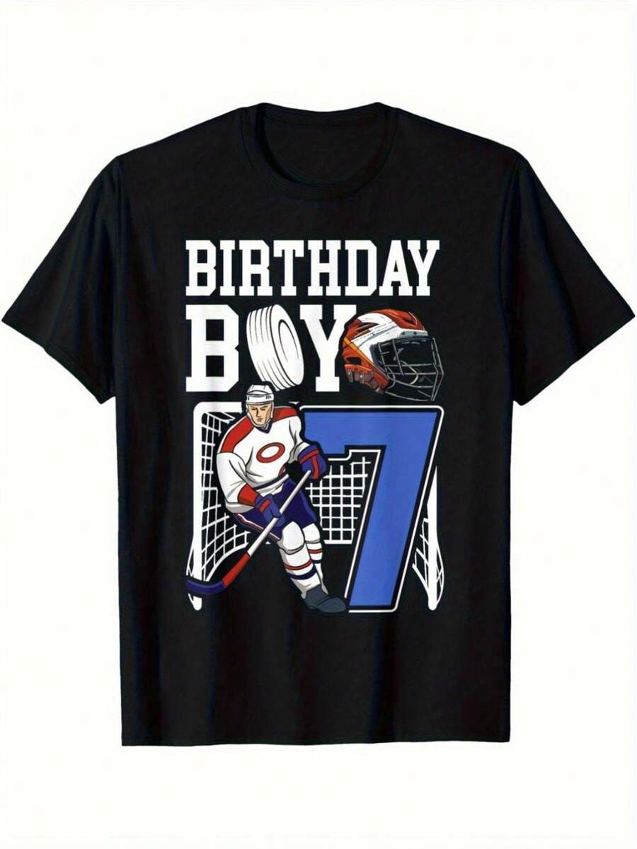 7th Birthday Hockey TShirt Soft Breathable Short Sleeve Tee With Hockey Goalie Number 7 Puck S