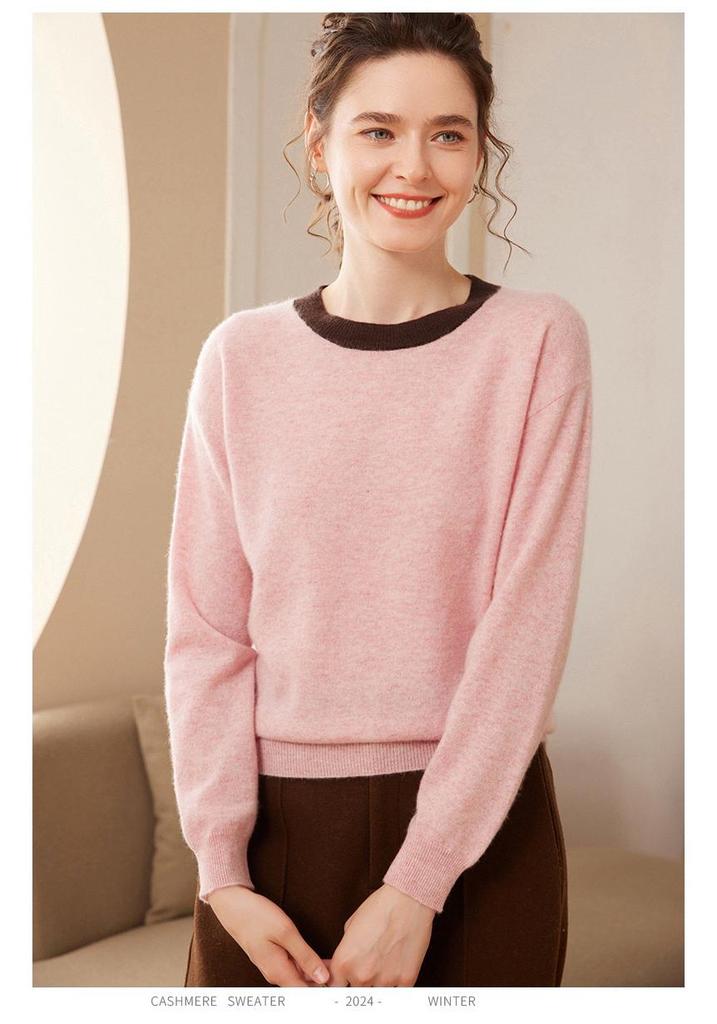 2024 A/W Women's Cashmere Knit Base Layer: Long Sleeve, Round Neck, Color Block, Warm, Comfortable Sweater
