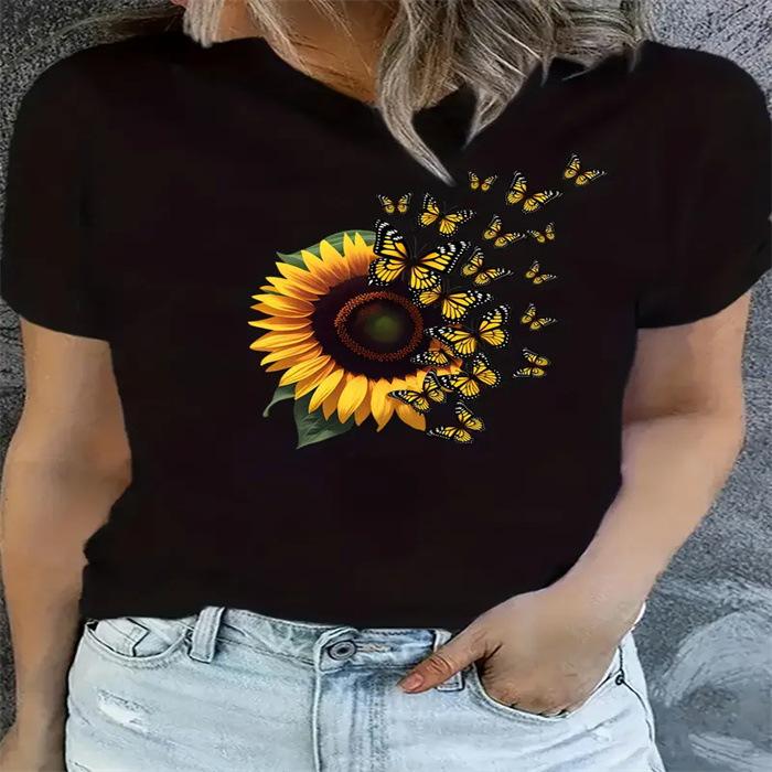 Summer Round Neck Printed Top Fashionable Casual Cute Short Sleeved Women's Pure Cotton T-shirts