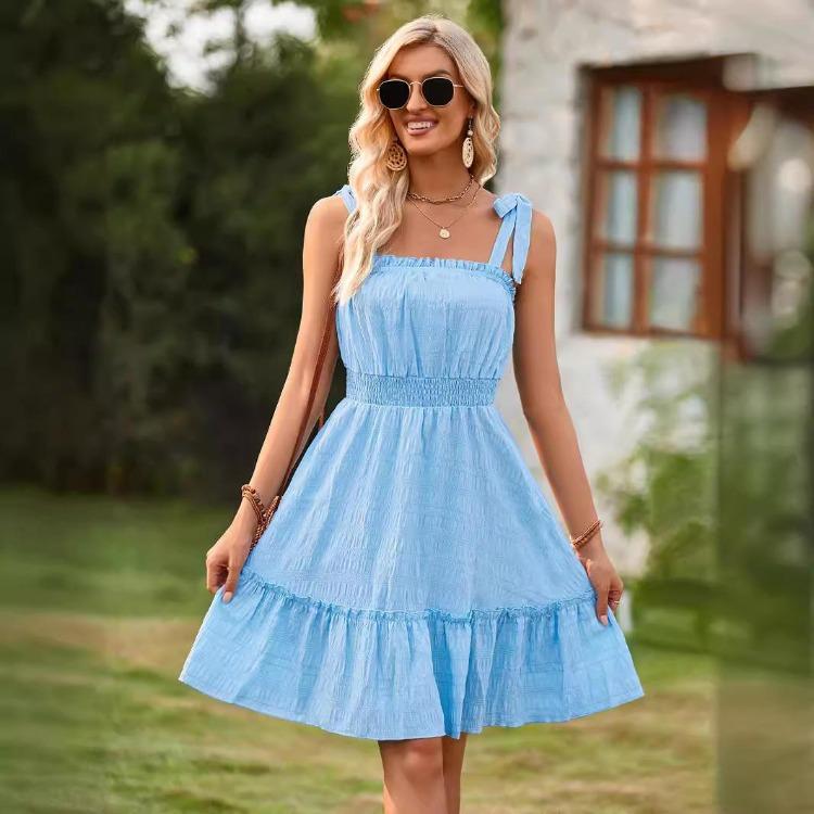 Women Summer Casual Sleeveless Off Shoulder Camisole Dress High Waist A-Line Strapless Short Dresses Solid Color Spring S-XL