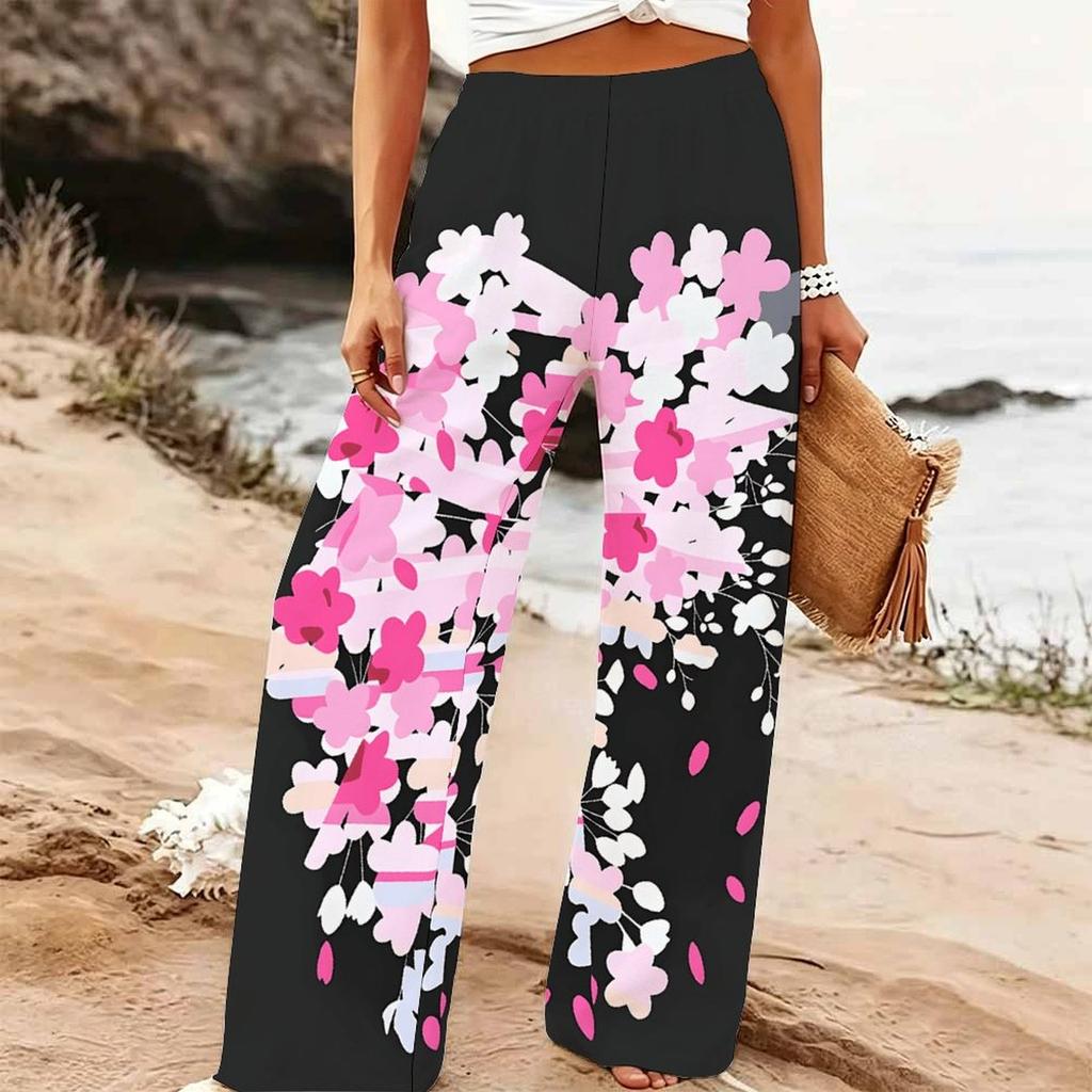 Pantaloni Larghi Estivi da Donna per la Spiaggia Stampa Floreale Vita Alta Elastica Vestibilità Larga Casual da Vacanza Pantaloni Palazzo