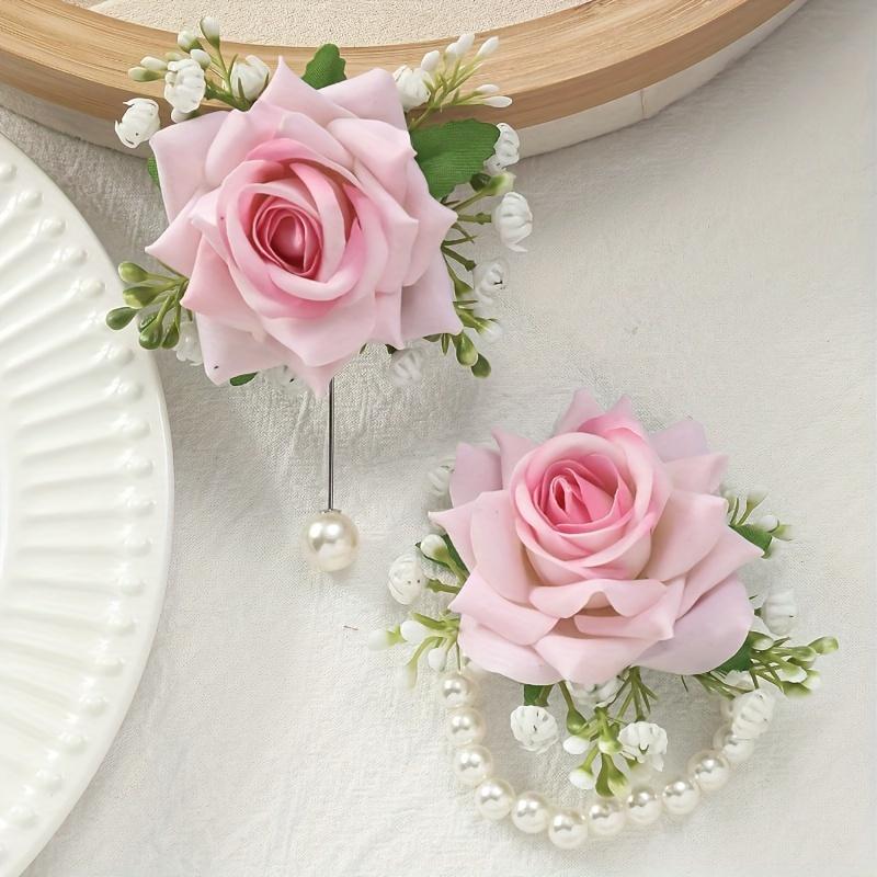 [2pcs Elegant Rose Corsage Set] 2pcs Elegant Rose Corsage and Wrist Flower Set In Polyester Fiber for School Events, Parties