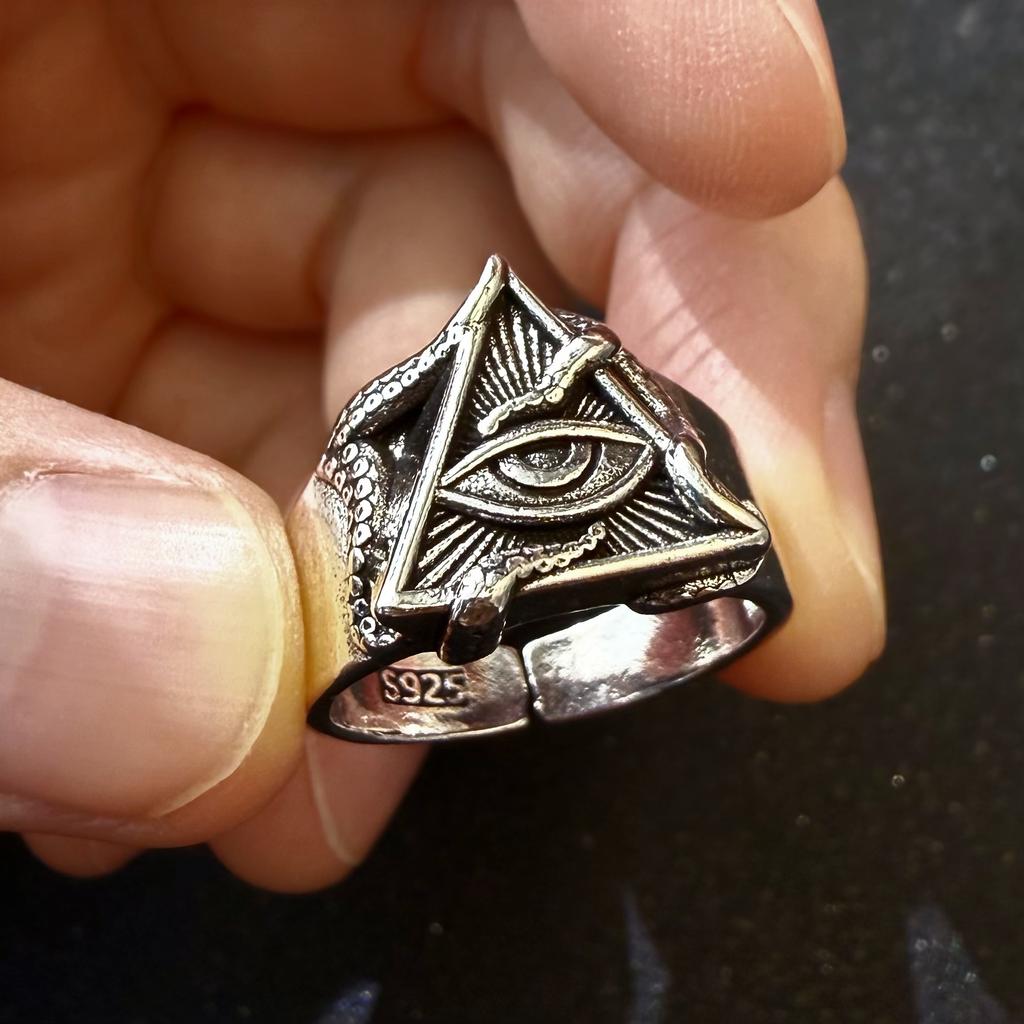 Retro Cthulhu Eye of Providence Adjustable Open Ring For Men Silver-plated Copper Gothic Punk Edgy  Accessories Cool Gift