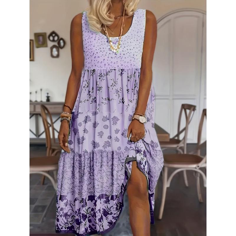 Vestido Boho para Mujer, Blusa sin Mangas con Bloques de Color y Estampado Floral de Cuello Redondo para Mujer