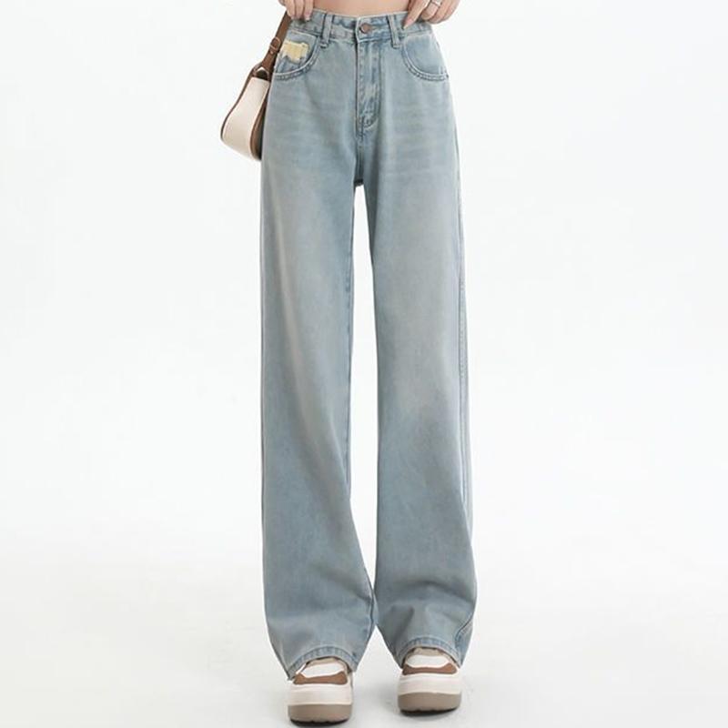

Женские свободные прямые джинсы с высокой талией в американском стиле ретро, ​​женские светло-голубые модные студенческие прямые брюки большого размера S