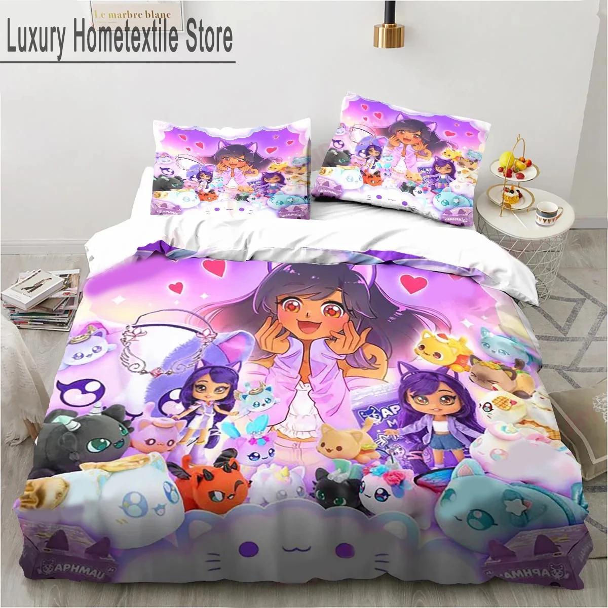 Bettwäsche-Set mit niedlicher Aphmau-Figur aus dem Cartoon-Spiel mit Flügeln für Jungen und Mädchen (Einzel-, Doppel- und Kingsize-Größe) – Bettbezug und Kissenbezug für Erwachsene EU Single(135*200cm)3pcs