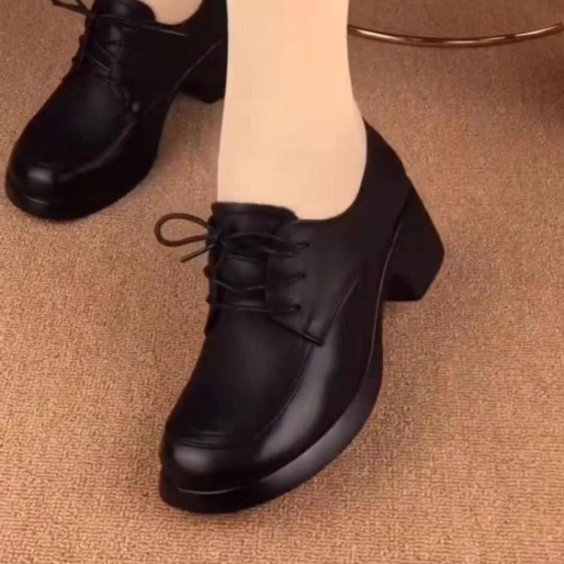 2025 Autumn New Style Mom Shoes Round Toe Lace-Up Mid-Heel Rubber Low-Top Fashion Single Shoes Women's Square Heel Loafers