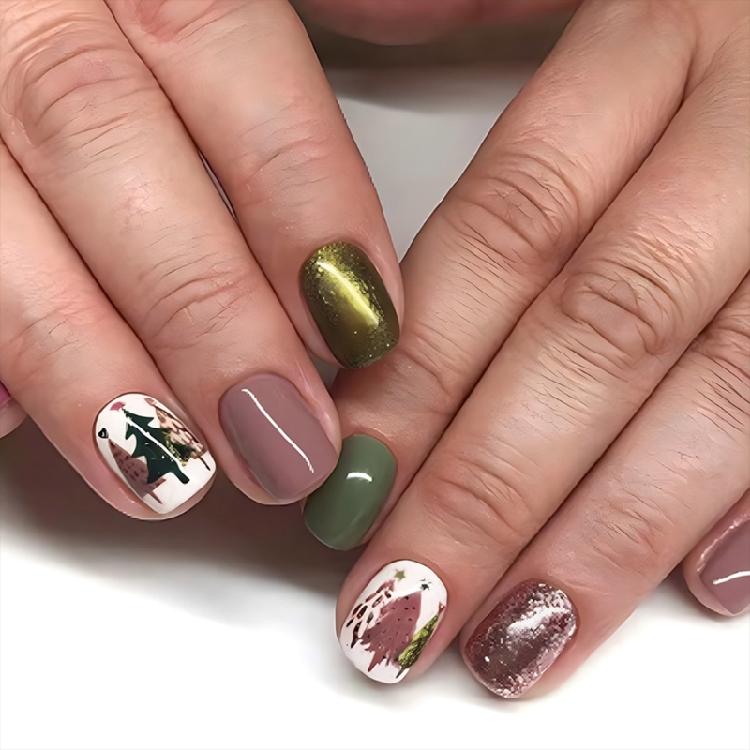 

24 Pcs Glittering False Nails Short Full Cover Stick on Nails Christmas Press On Nails Manicures Supplies 1