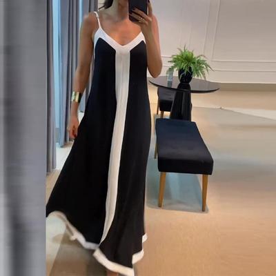 Women Sling Dress V-Neck Sleeveless Contrast Color Maxi Dress Loose Fit Backless Holiday Beach Long Dress