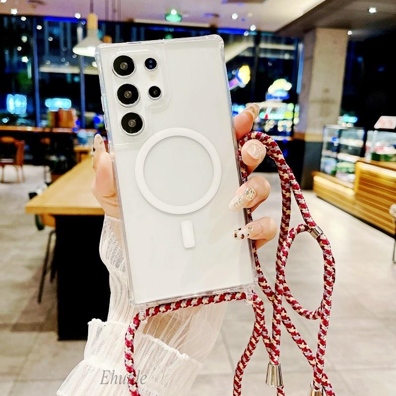 Magnetic Strap Case For Samsung Galaxy S26 Ultra S23 S24 Plus S25 Plus Crossbody Lanyard Clear Wireless Charging Clear Cover